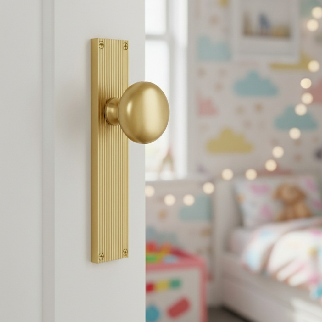 Satin Brass Victoria Knob on Reeded Latch Plate V9210-SB