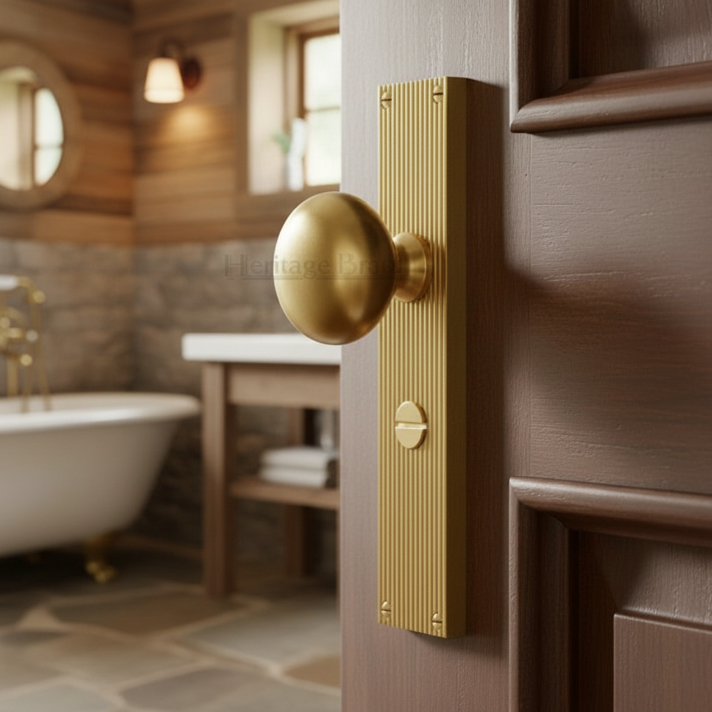 Satin Brass Victoria Knob on Reeded Bathroom Plate V9230-SB