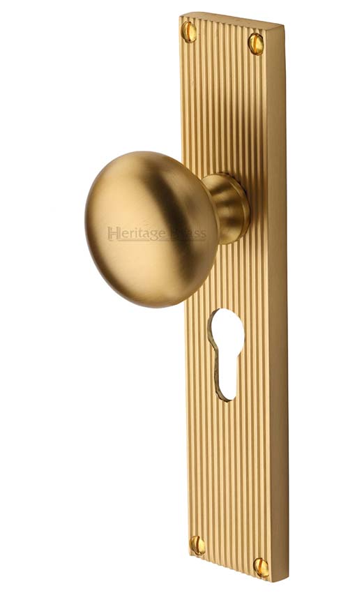 Satin Brass Victoria Mortice Knob on Reeded Euro Plate V9248-SB