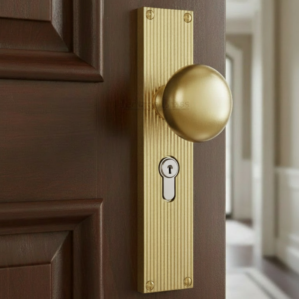 Satin Brass Victoria Mortice Knob on Reeded Euro Plate V9248-SB