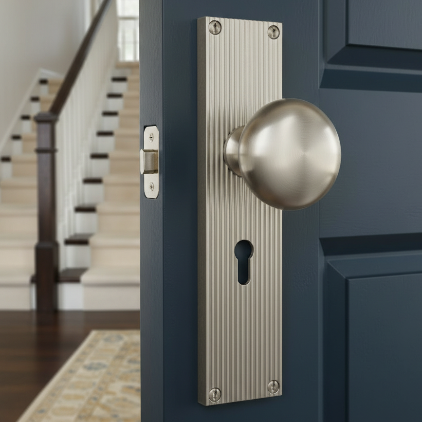 Satin Nickel Victoria Knob on Reeded Lock Plate V9200-SN