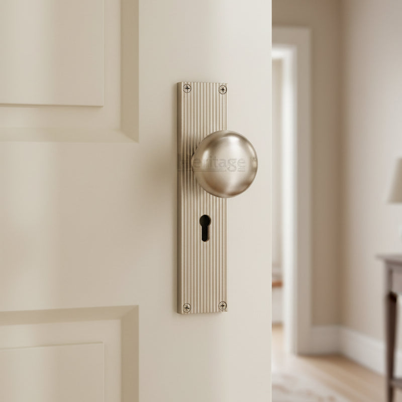 Satin Nickel Victoria Knob on Reeded Lock Plate V9200-SN
