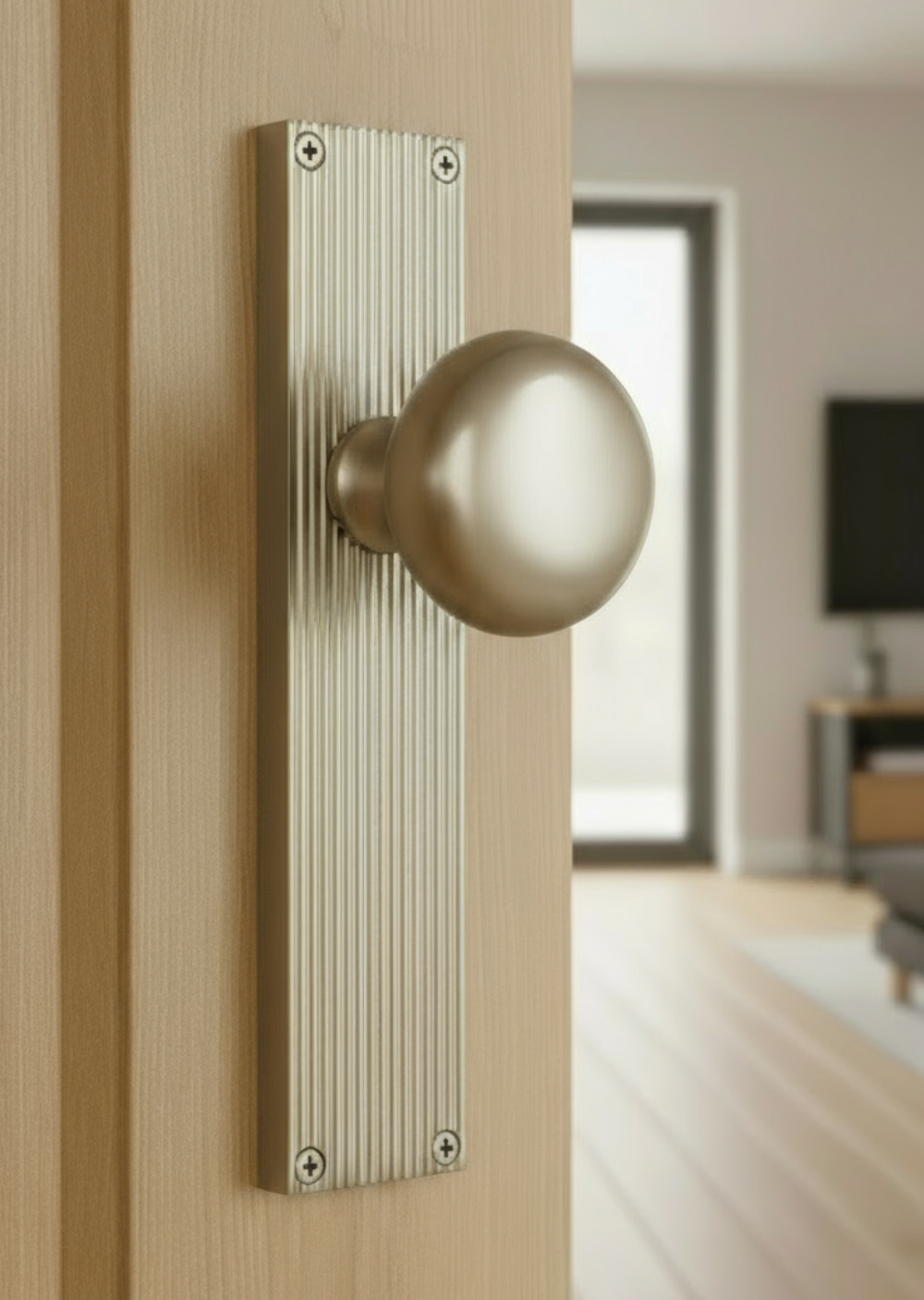 Satin Nickel Victoria Knob on Reeded Latch Plate V9210-SN