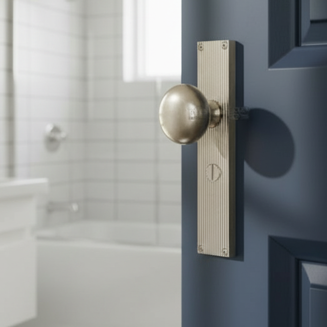 Satin Nickel Victoria Knob on Reeded Bathroom Plate V9230-SN