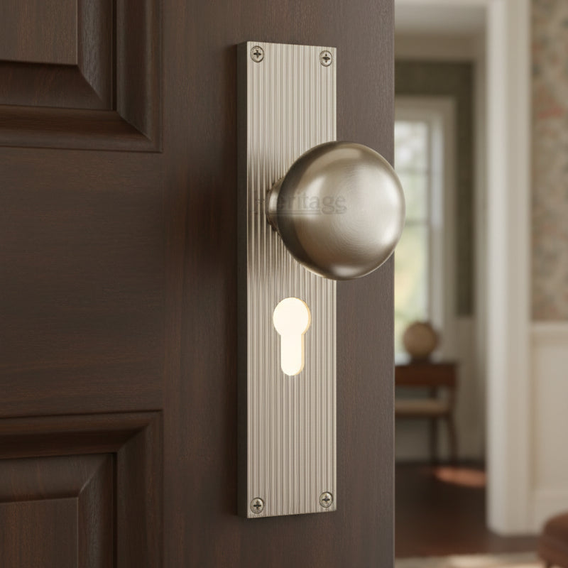 Satin Nickel Victoria Mortice Knob on Reeded Euro Plate V9248-SN