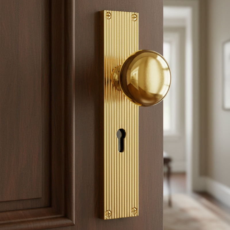 Polished Brass Victoria Knob on Reeded Lock Plate V9200-PB