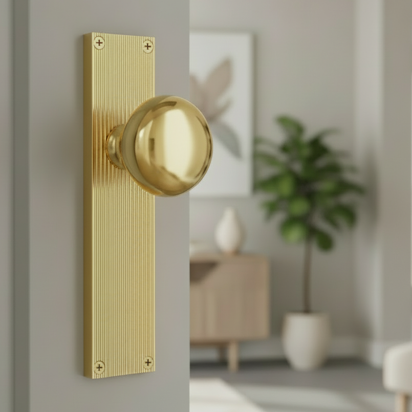 Polished Brass Victoria Knob on Reeded Latch Plate V9210-PB