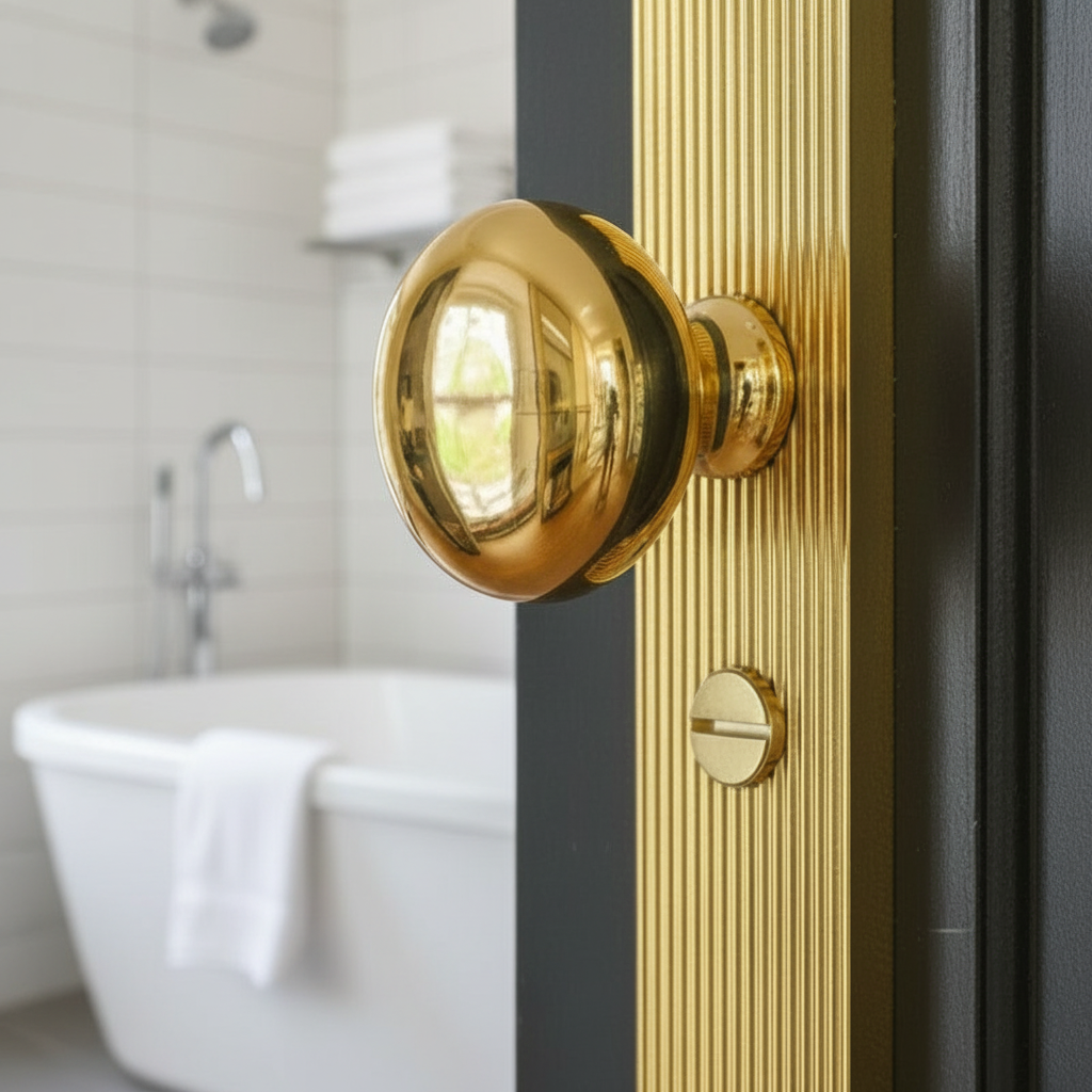 Polished Brass Victoria Knob on Reeded Bathroom Plate V9230-PB
