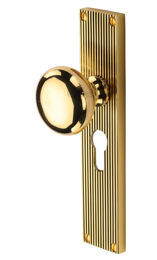 Polished Brass Victoria Mortice Knob on Reeded Euro Plate V9248-PB