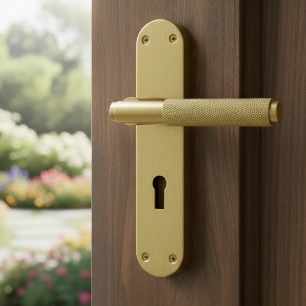 Connaught Satin Brass Knurled Lock Door Handles