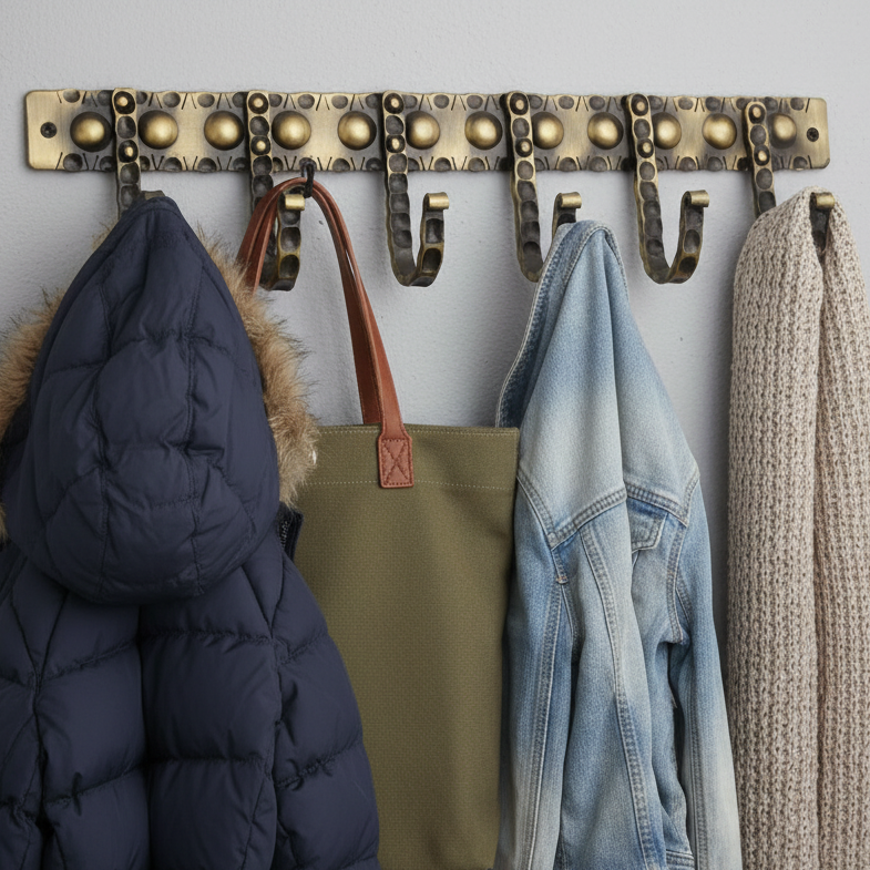 Iron Dotted Coat Hook Rack 6 Leg Antique Brass