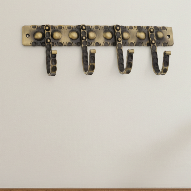 Iron Dotted Coat Hook Rack 4 Leg Antique Brass