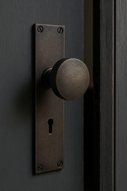 Rustic Pewter Olympic Door Knobs on Plate