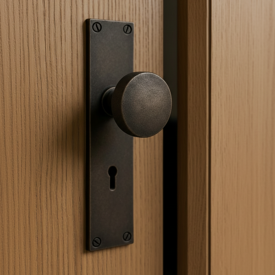 Rustic Pewter Olympic Door Knobs on Plate