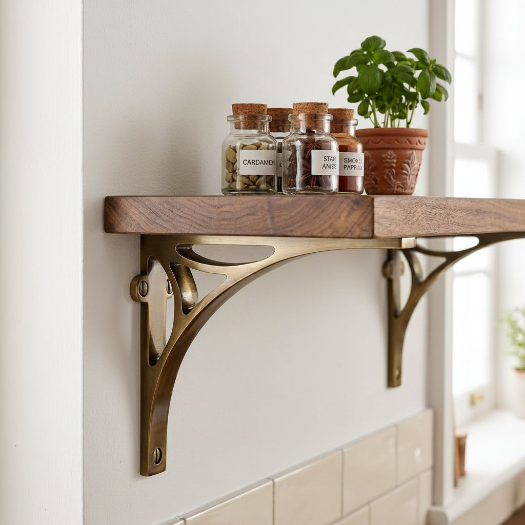 Antique Brass Bridge Heavy Shelf Brackets 6x5in