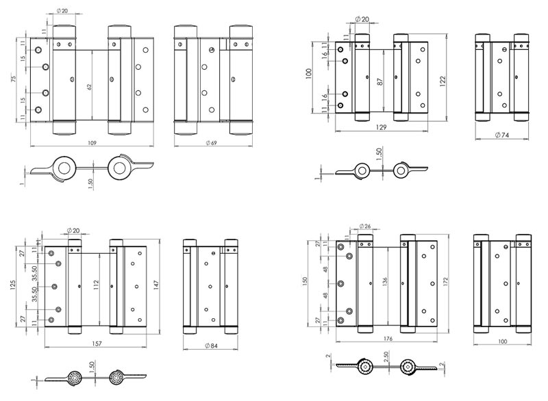 Silver Double Action Spring Hinges In Pairs