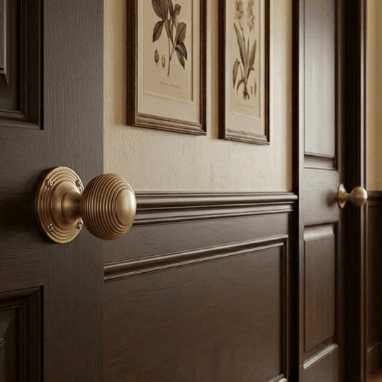 Side view of an antique brass reeded knob on a dark panelled door, with a matching knob on the next door along the panelled wall