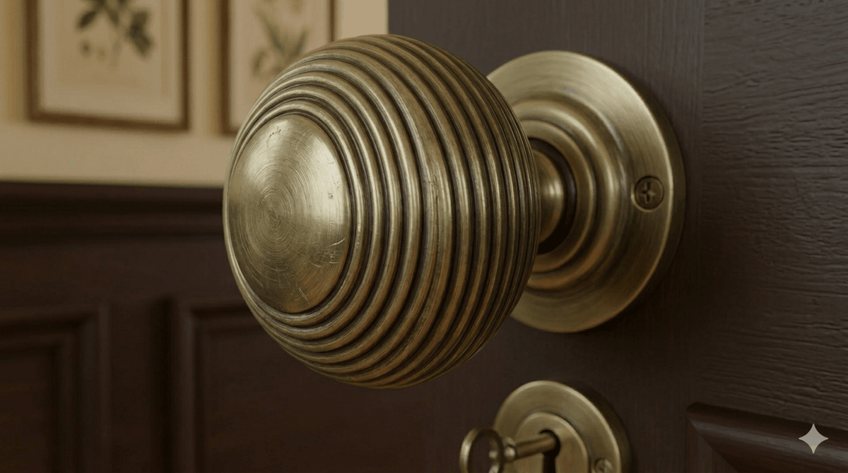 Close-up of an antique brass reeded knob on a stepped round rose fixed with four screws, on a dark wood door, with an antique brass keyhole escutcheon and key below