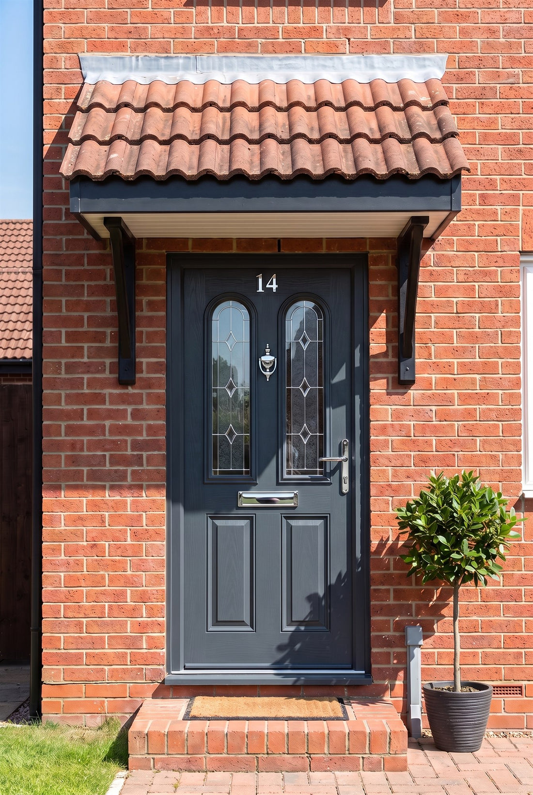Anthracite grey composite front door with two arched leaded glass panels under a clay-tiled canopy, fitted with Hardex chrome number 14, urn knocker, shield letter plate and Balmoral lever