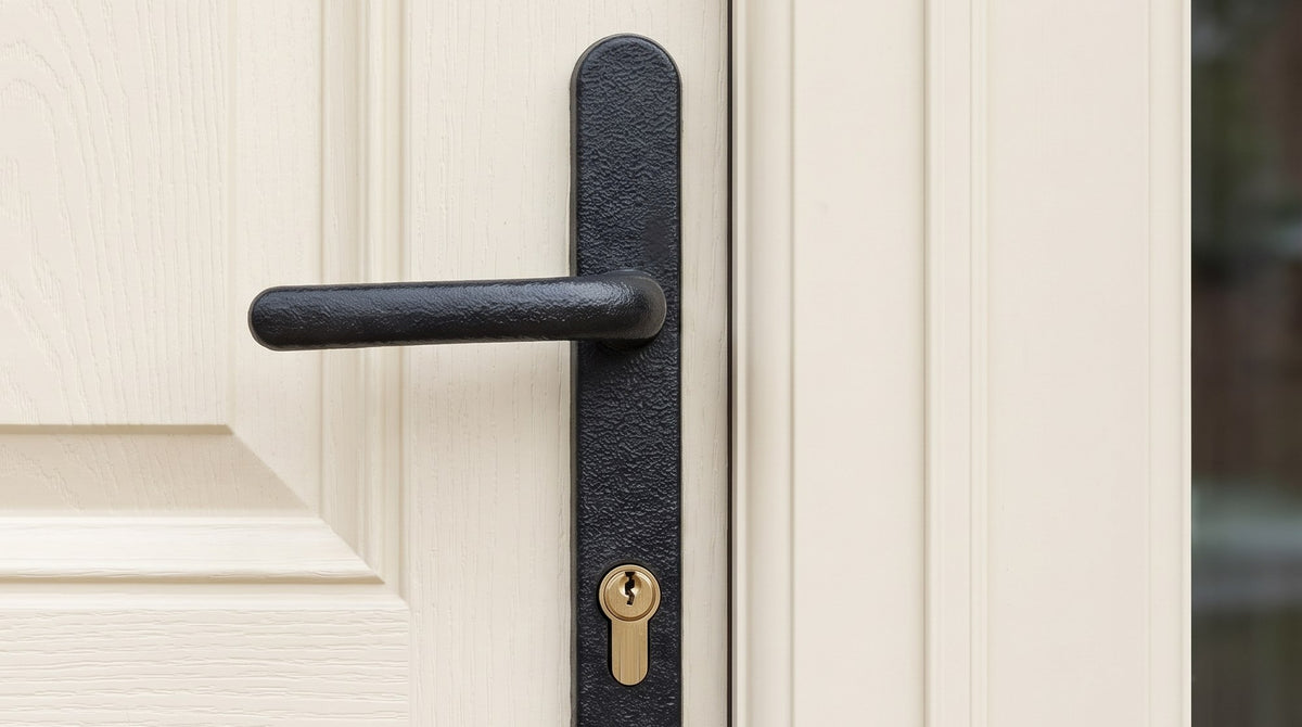 Antique black uPVC lever handle with a brass euro cylinder on a cream composite front door
