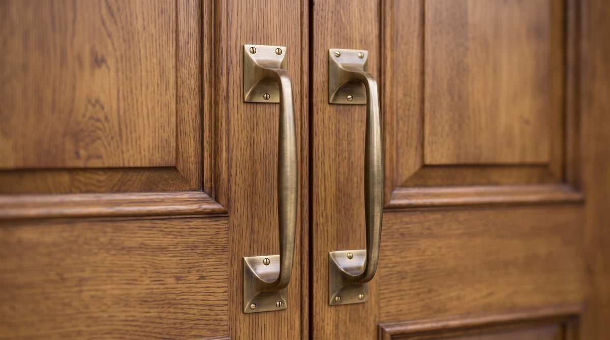 Pair of antique brass cranked pull handles mirrored on the meeting stiles of stained oak double front doors