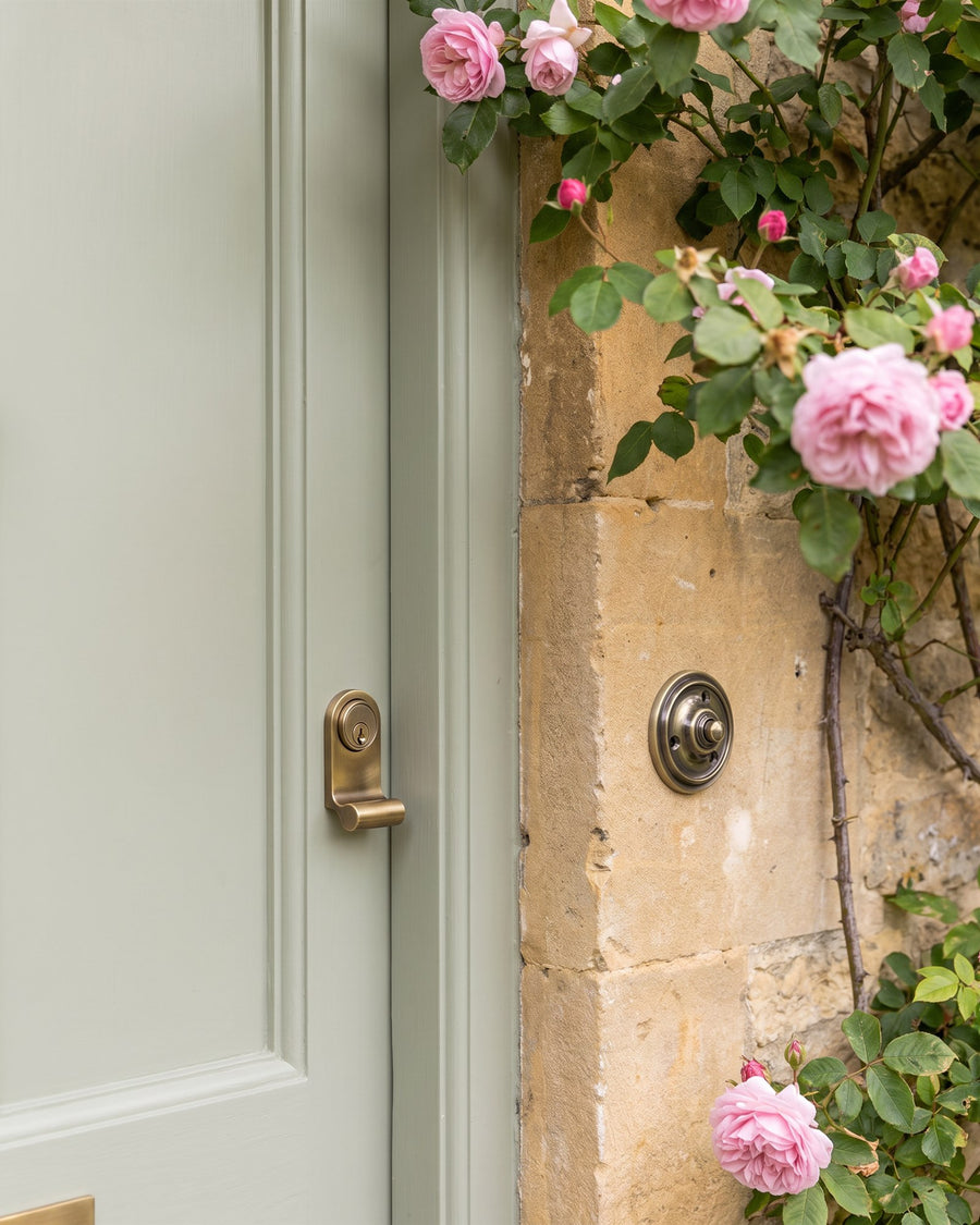 Antique brass cylinder pull on a sage cottage door and a round antique brass bell push on the Cotswold stone beside it, framed by pink roses