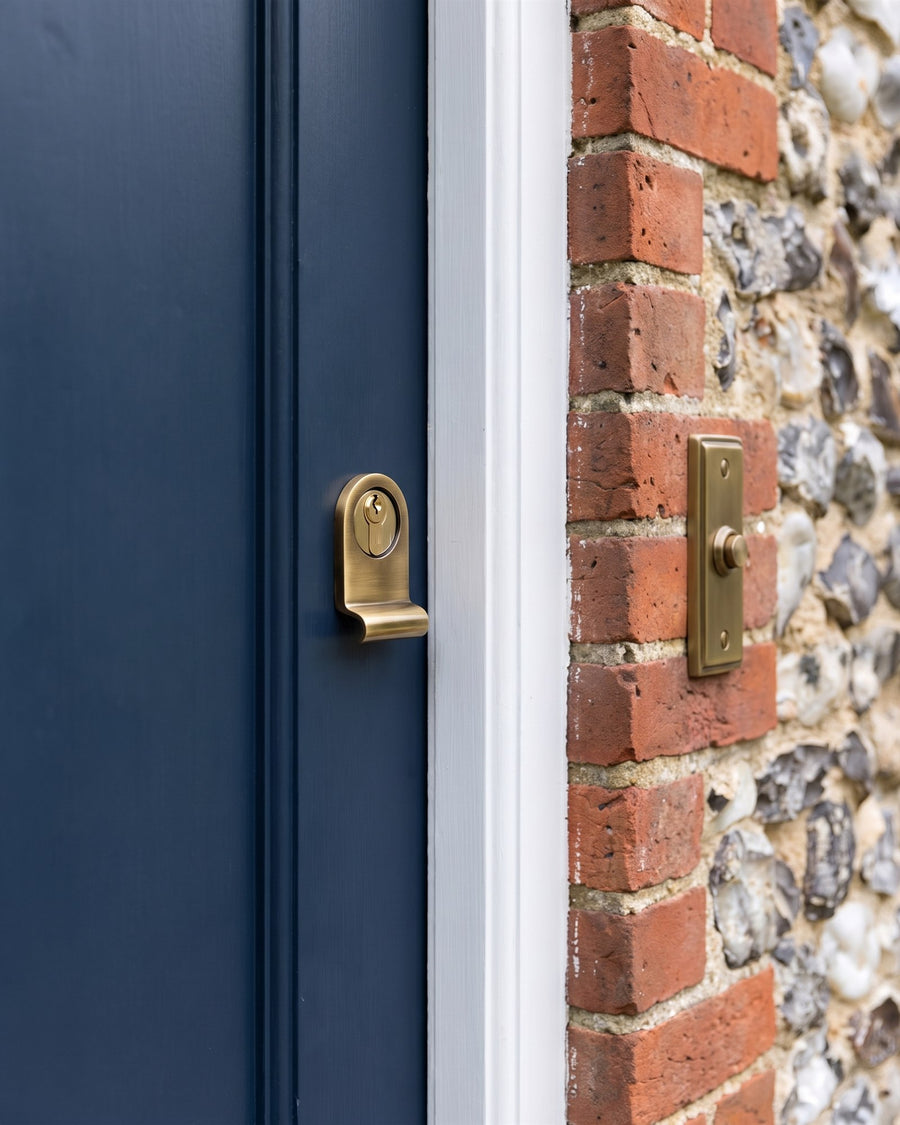Antique brass cylinder pull with a euro cylinder on a navy door beside an antique brass bell push on red brick and flint