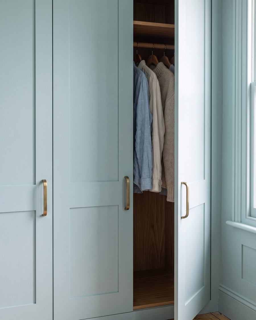 Plain antique brass D handles on blue-green painted wardrobe doors, one door open to linen shirts on wooden hangers