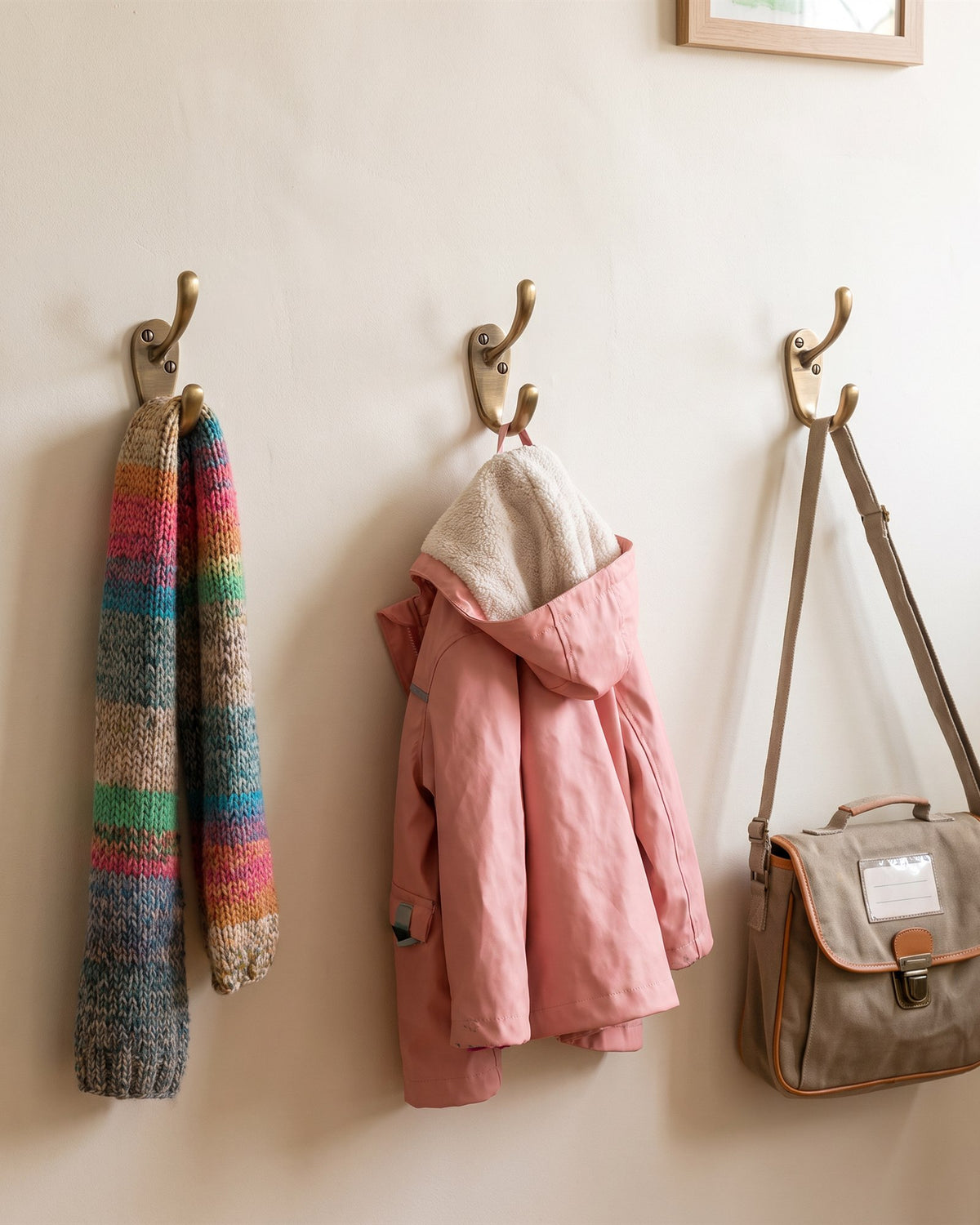 Antique brass hat and coat hooks at child height holding a knitted scarf, a pink raincoat and a school satchel