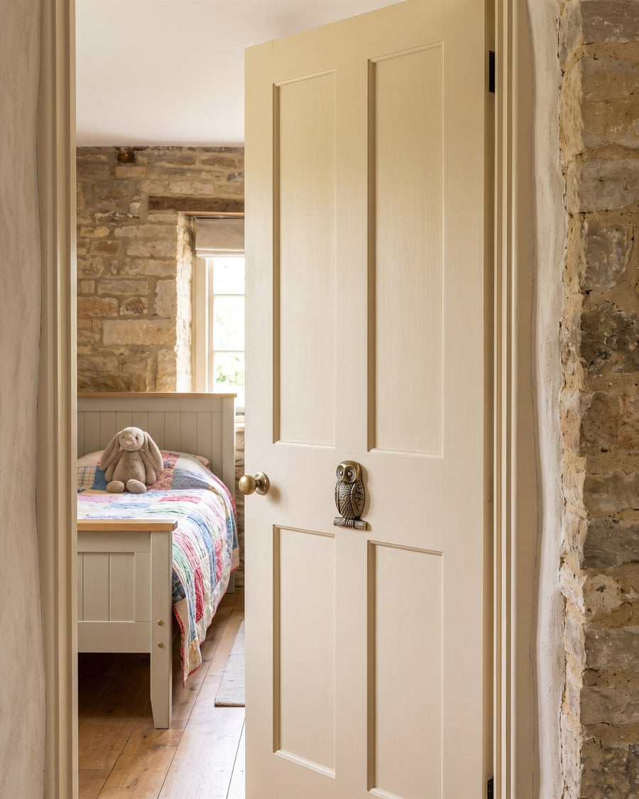 Antique brass owl knocker on a cream child's bedroom door, slightly open onto a patchwork quilt and a toy rabbit