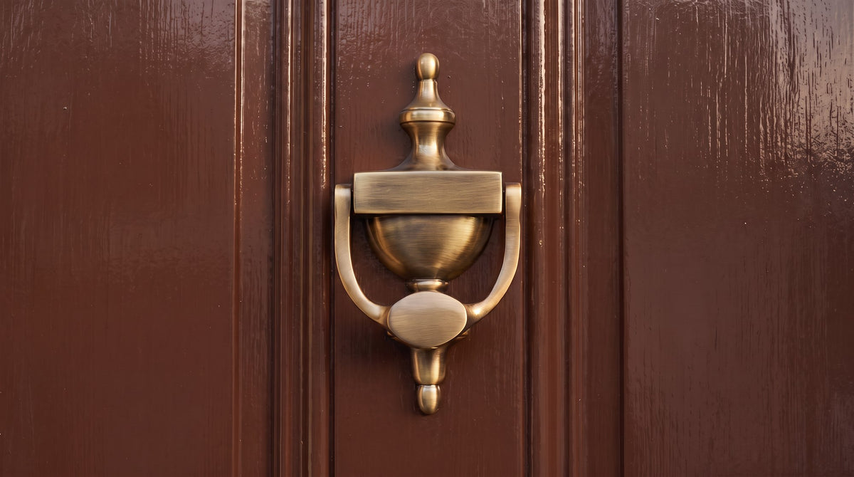 Antique brass urn door knocker on a glossy chocolate brown panelled front door