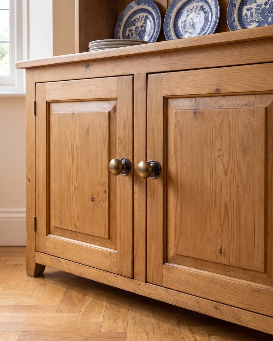 Antique brass Victorian cabinet knobs on the cupboard doors of an old pine Welsh dresser above a parquet floor
