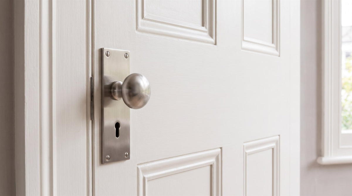 Satin nickel round knob on a plain rectangular lock plate with a keyhole, on a warm white panelled Victorian door