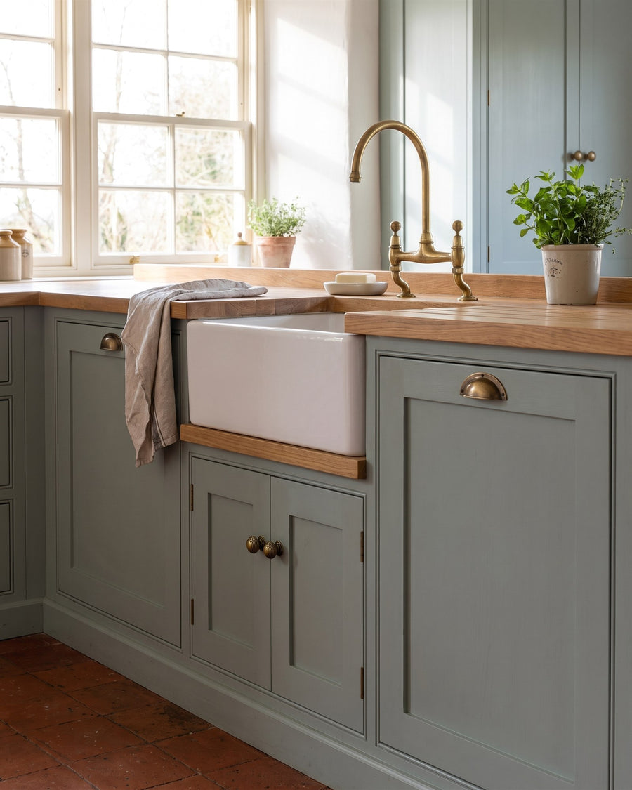 Belfast sink set in an oak worktop above painted base cabinets with an antique brass cup pull and reeded knobs