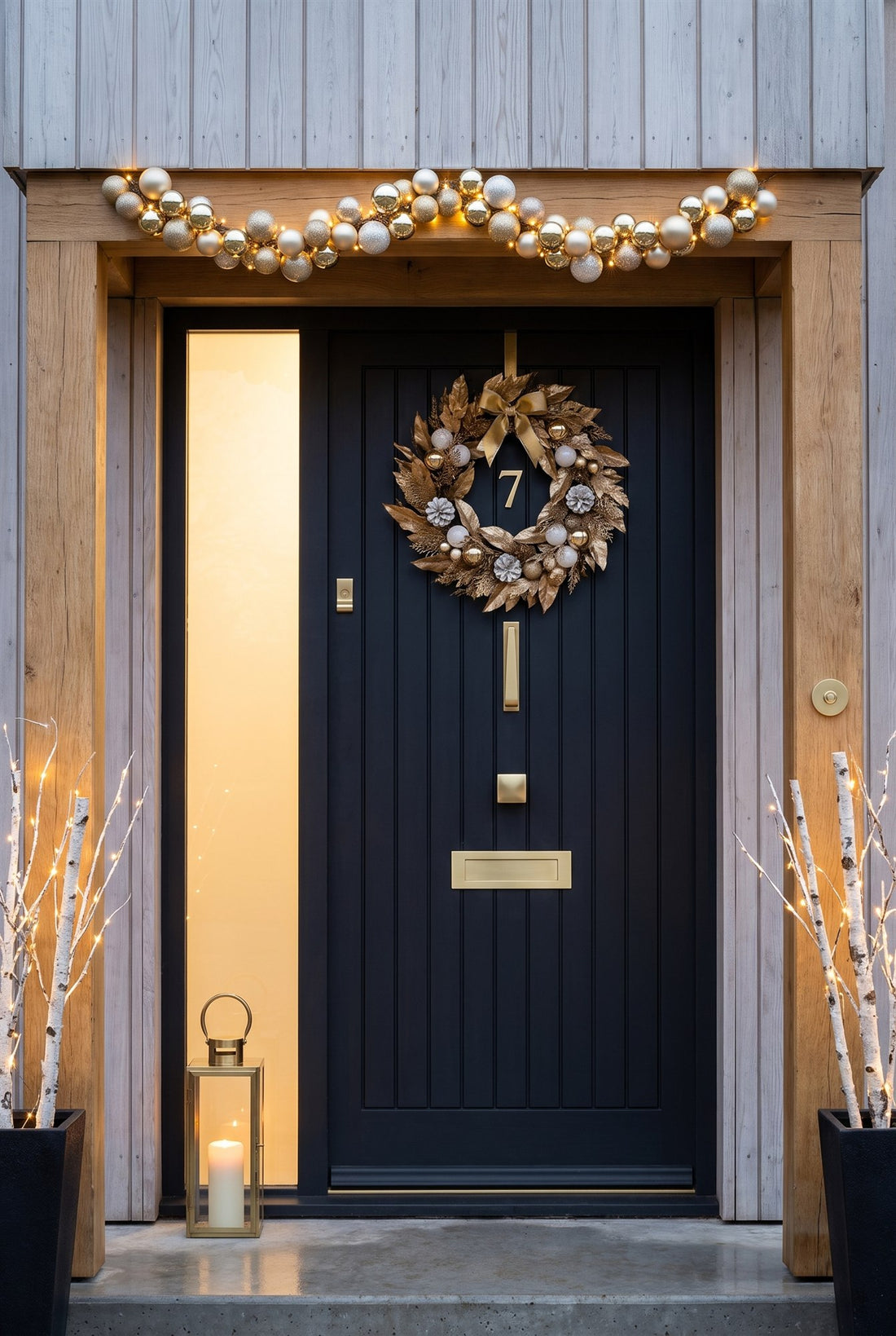 Matt black boarded front door under an oak porch with a glowing glass side panel, dressed with a gilded wreath and gold and silver baubles, fitted with satin brass number 7, slim knocker, square knob, letter plate, square cylinder pull and round bell push