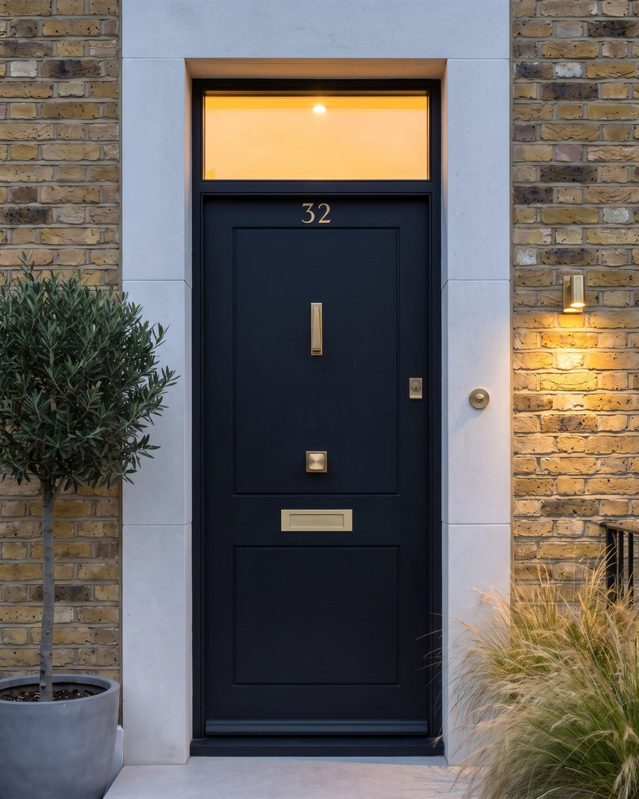 Near-black front door at dusk with warm light through the fanlight and a wall light catching the satin brass knocker, knob and letter plate