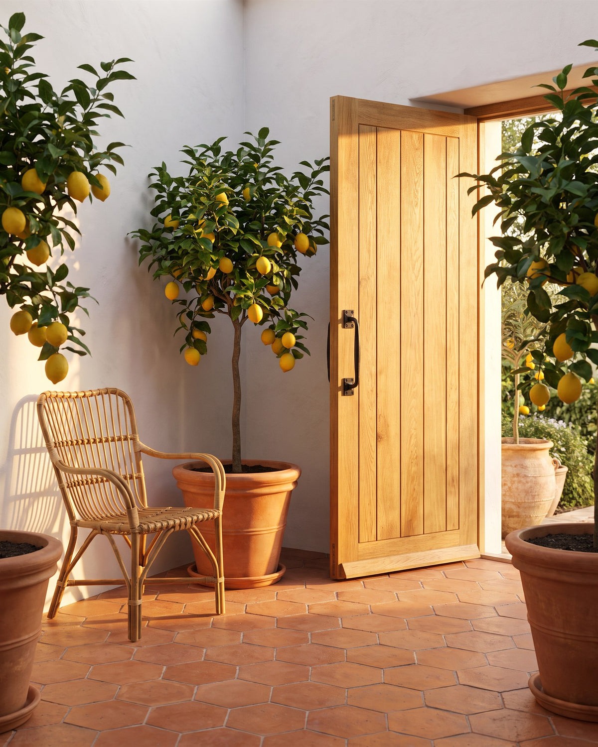 Oak plank garden room door with a black iron rustic cranked pull handle, surrounded by lemon trees in terracotta pots