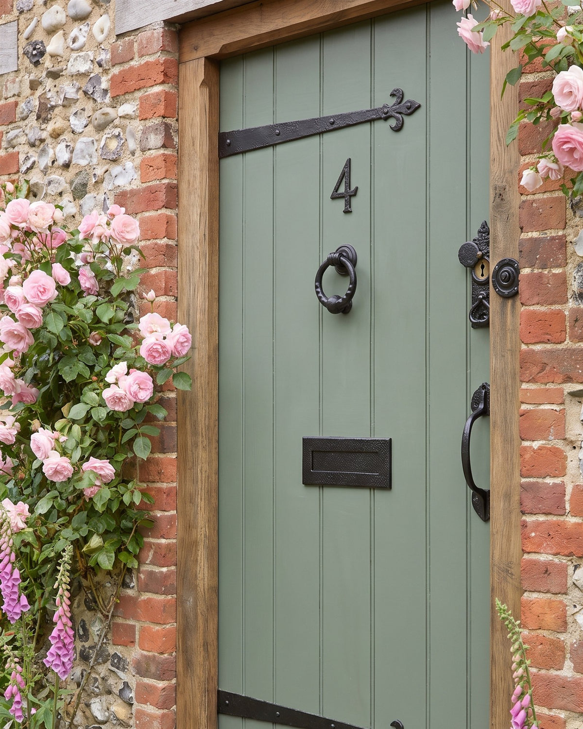 Black iron fleur-de-lys strap hinge fronts across a grey-green boarded door set in a brick and flint wall with climbing roses