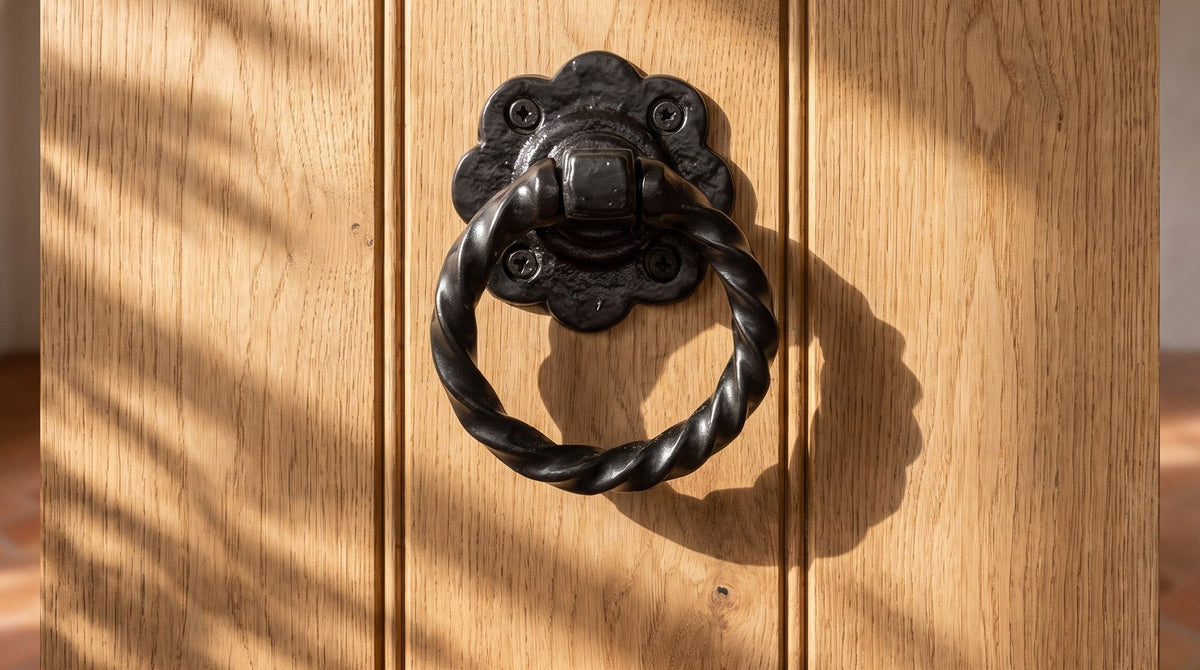 Black antique iron twisted ring handle on an arched oak plank door against white limewash