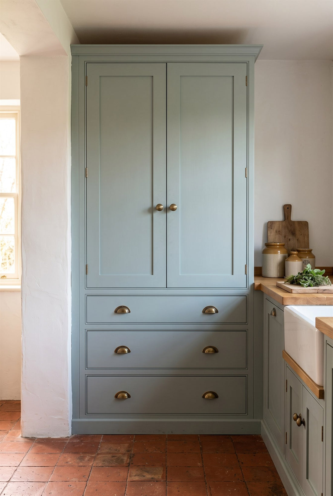 Tall blue-grey green in-frame larder unit with antique brass reeded ball knobs on the doors, hooded cup pulls on three drawers and brass cabinet hinges, on a terracotta floor