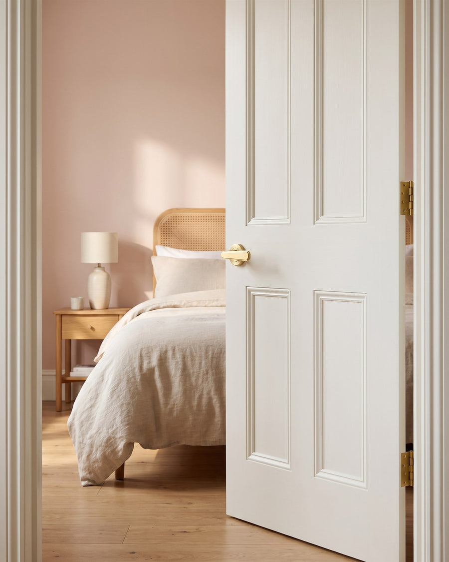 Open warm white door with a satin brass lever and brass hinges, leading into a blush pink bedroom with a cane bed and linen bedding