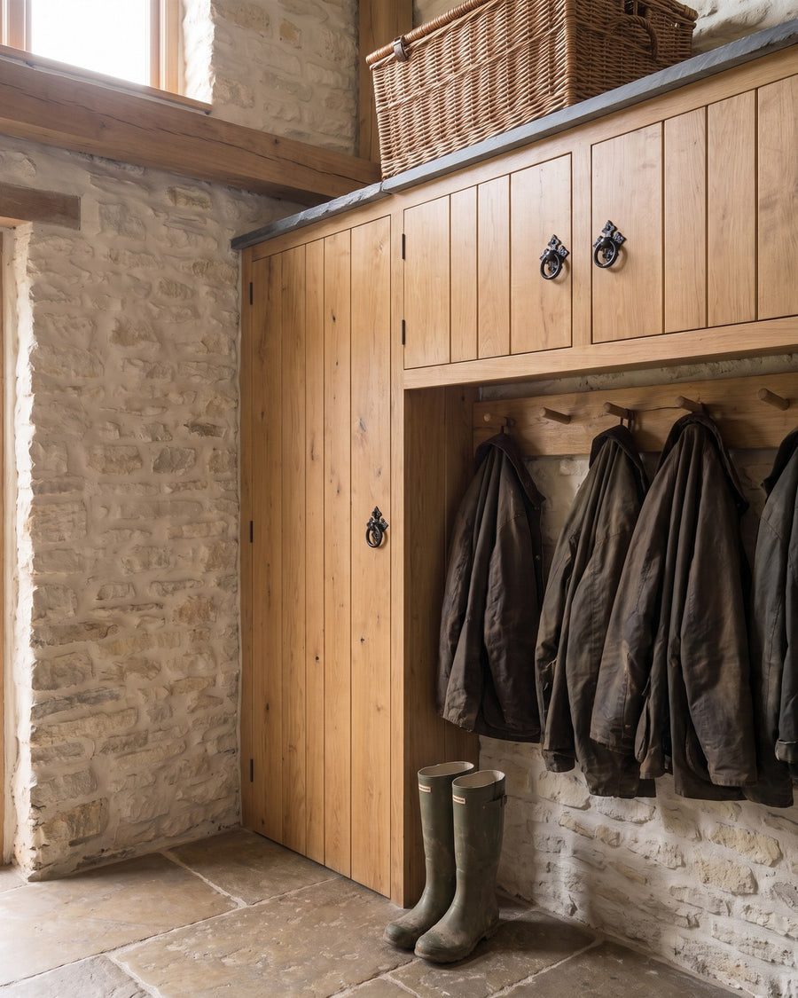 Oak plank boot room cupboards with black iron Tudor ring pulls above coat pegs, waxed jackets and wellies on a flagstone floor