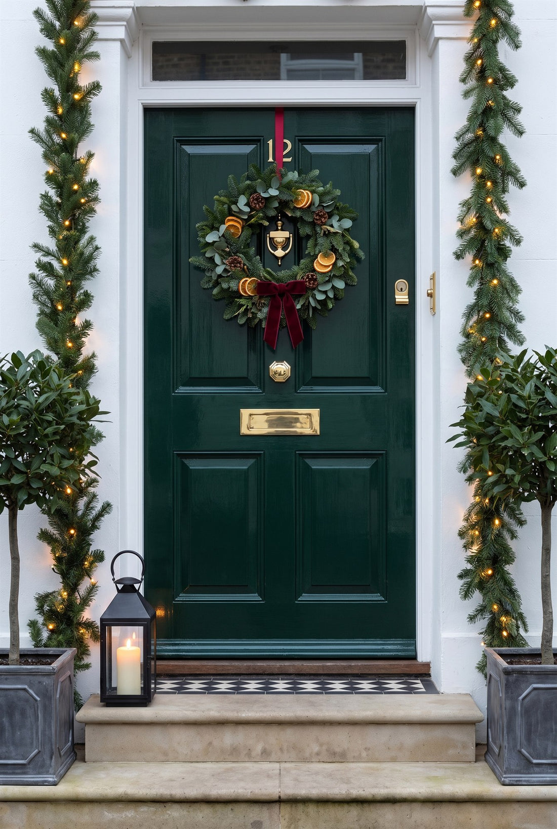Bottle-green Victorian front door dressed for Christmas with a wreath, garland, bay trees and lantern, fitted with polished brass number 12, urn knocker, octagonal centre knob, letter plate, cylinder pull and stepped bell push