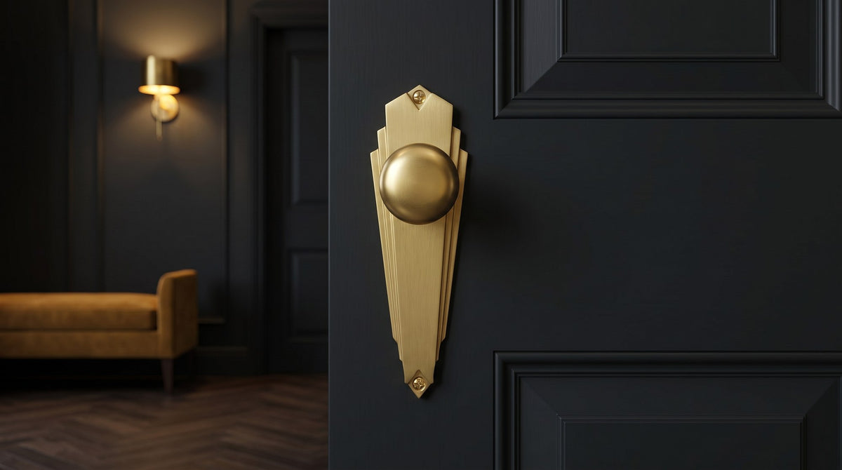 Satin brass Broadway knob on a tiered Art Deco backplate on a near-black panelled door, with a glowing brass wall light and ochre velvet bench beyond