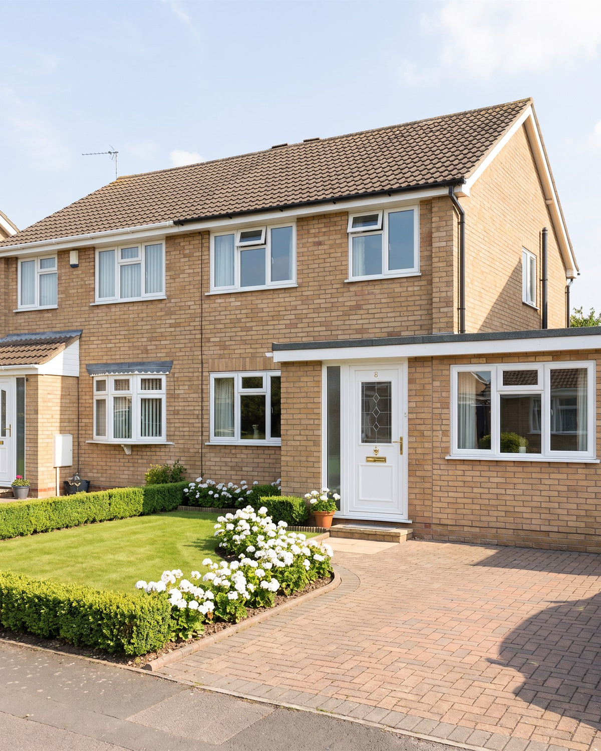 1980s buff-brick semi with white uPVC windows and a white uPVC front door with gold fittings under a flat porch roof, a block-paved drive and white geraniums