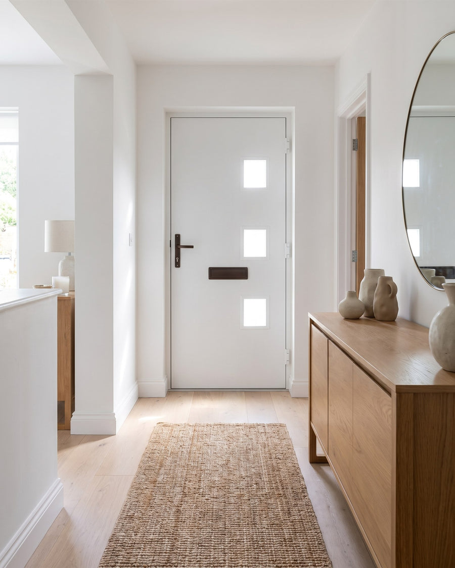Bright bungalow hallway with a pale oak floor, oak sideboard and round mirror, looking at the inside of the front door