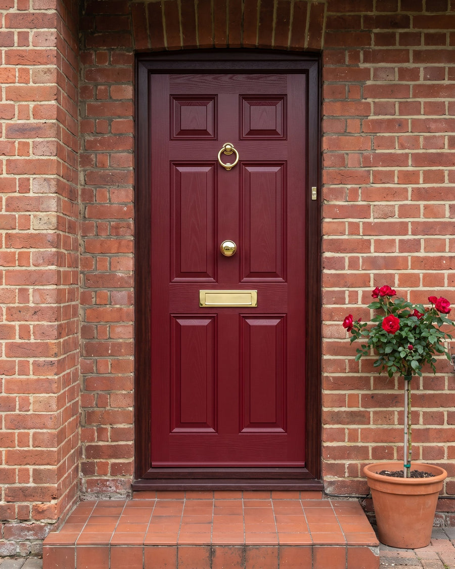 Burgundy composite front door with gold ring knocker, centre knob and letter plate in a red-brick porch with a tiled step and a standard rose