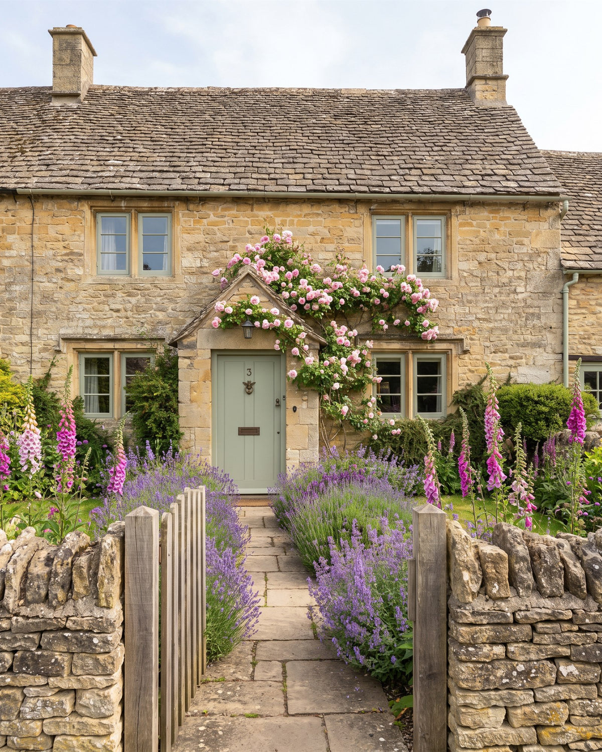 Honey Cotswold stone cottage with a stone slate roof and a sage front door under climbing roses, seen from a garden gate between lavender and foxgloves