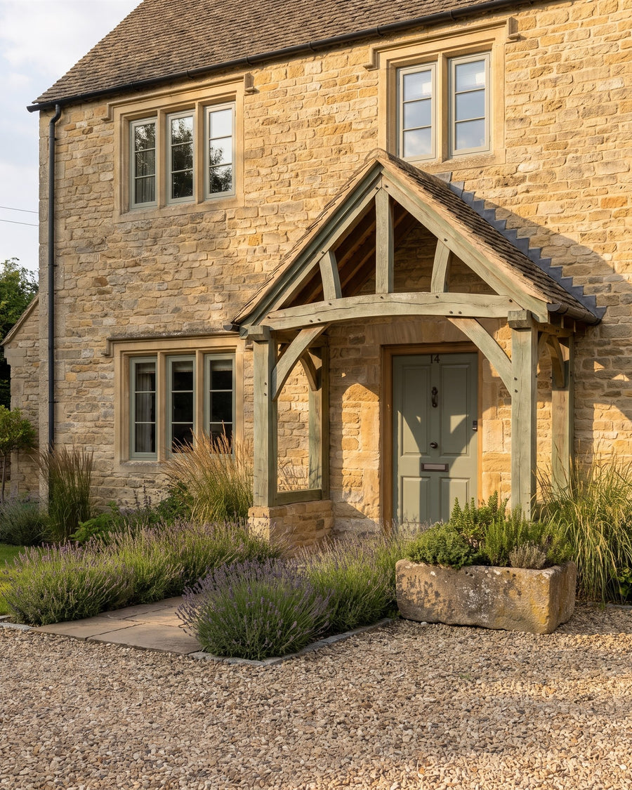 Honey Cotswold stone country house with a green oak porch, sage green front door, gravel drive, lavender and a stone trough