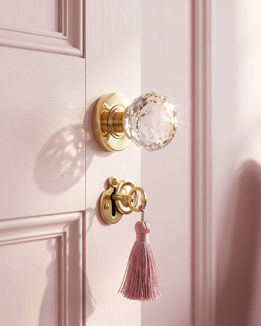 Cut glass door knob on a brass rose above a polished brass keyhole escutcheon with a key and pink silk tassel